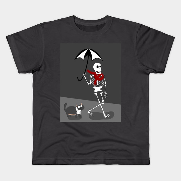 Cute Skeleton In Red Scarf Walking With Black Cat Kids T-Shirt by The Pretty Hippo Company